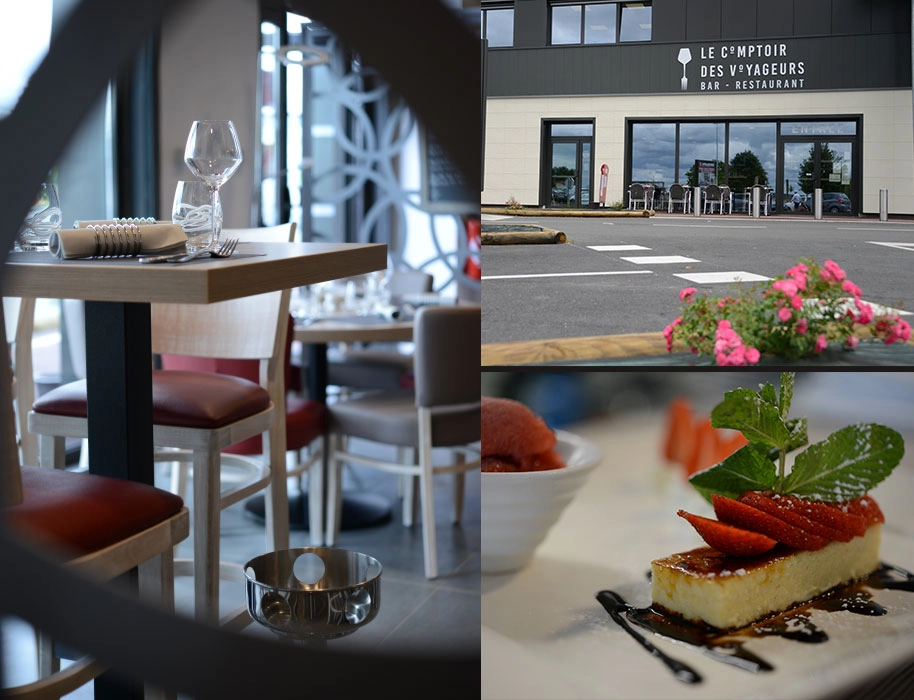 Le Comptoir des Voyageurs : table dressée en salle, façade du restaurant et dessert de la carte